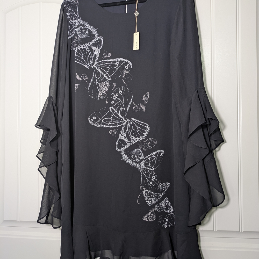 Max Studio Black Butterfly Midi Sheath W/ Bell Sleeves Flowy Sz:XL Special Occ